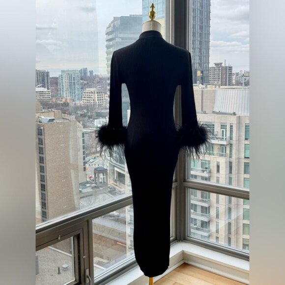 🆕 REBECCA VALLANCE 🧿 NWOT Soraya Feather-Trimmed Knit Midi Dress, Black - Sz S - Picture 8 of 14